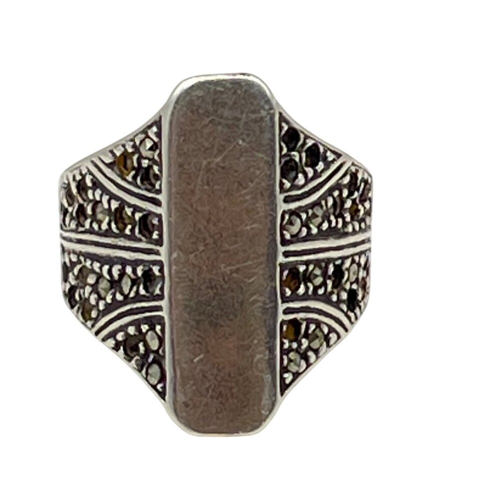 Vintage Sterling Silver Marcasite Signet Ring Size 7.75 925 Statement 6.99g LOOK